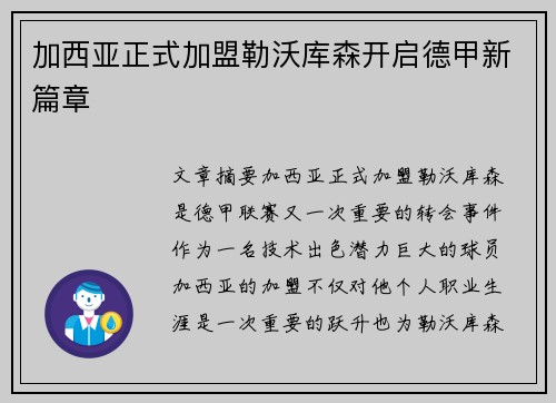 加西亚正式加盟勒沃库森开启德甲新篇章