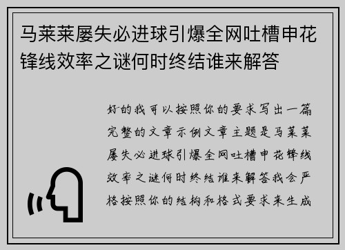 马莱莱屡失必进球引爆全网吐槽申花锋线效率之谜何时终结谁来解答